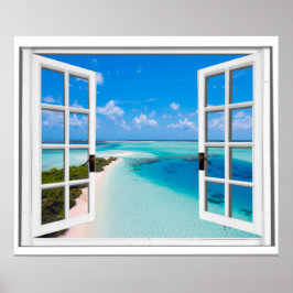 Poster Janela Falsa de Vista do Mar Tranquila do Céu Azul