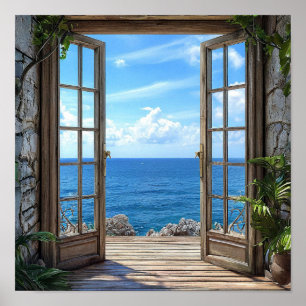 Poster Janela Falsa Decoração de Casa Paisagem de Praia C