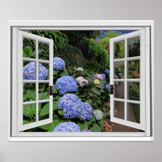 Póster Janela Falsa Vista para Jardim de Hortênsias (Frente)