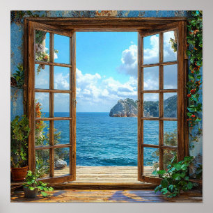 Poster Janela Falsa Vista para o Oceano Janela Decoração 