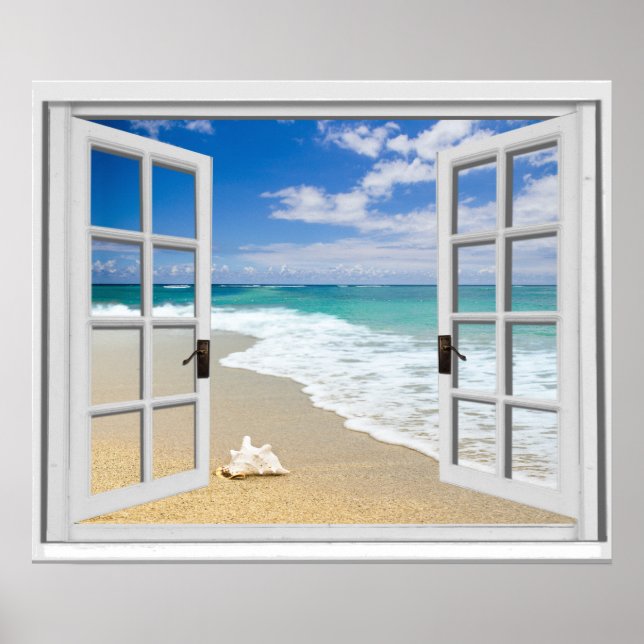 Poster Janela Falsa Vista Relaxante do Mar na Praia (Frente)