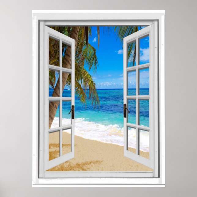 Poster Janela Falsa Vista Tranquila da Praia no Oceano (Frente)