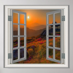 Poster Janela Faux do Templo Budista Sunset da Coreia
