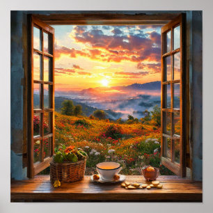 Poster Janela Ilusória Paisagem Natureza Cenário Decoraçã
