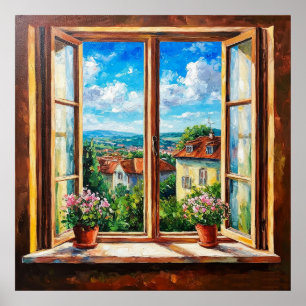 Poster Janela Rústica com Vista para Encantadora Fazenda