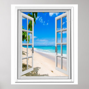 Póster Janela tropical do falso da vista para o mar da