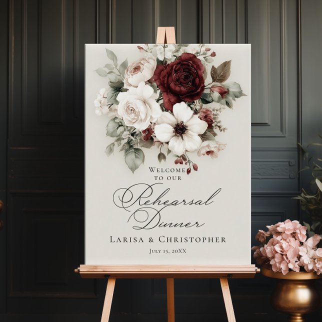 Poster Jantar de ensaio burgundy branco elegante bem-vind (Criador carregado)