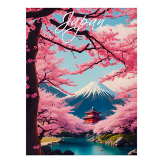 Póster Japan Cherry Blossom at Mount Fuji Travel Poster