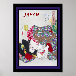 Poster Japan Travel Vintage Fine Art Cat and Kimono