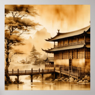 POSTER JAPANDI ART VINTAGE VILLAGE SCENERY WARM BROWN