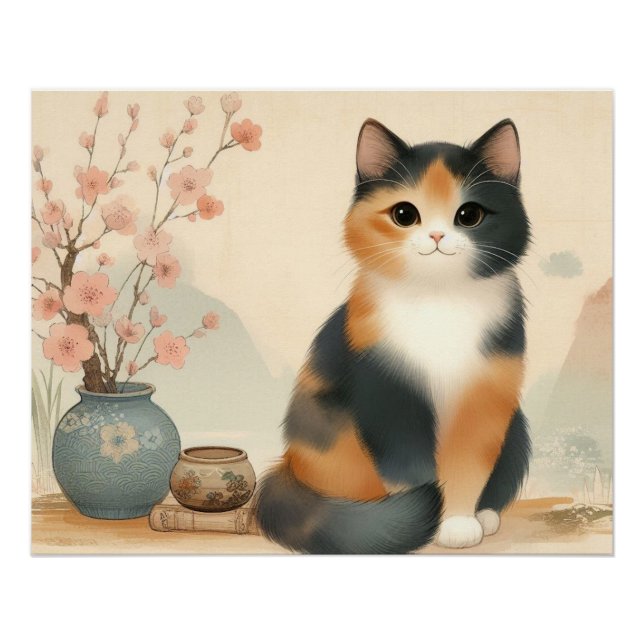 Póster Japanese calico cat and flower (Frente)