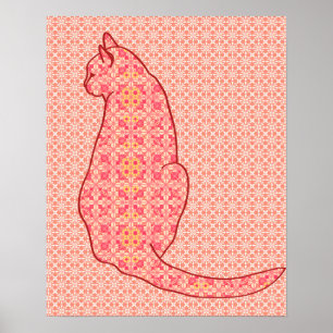 Poster Japanese Cat - Coral Orange Batik