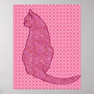 Póster Japanese Cat - Fuchsia Pink Batik