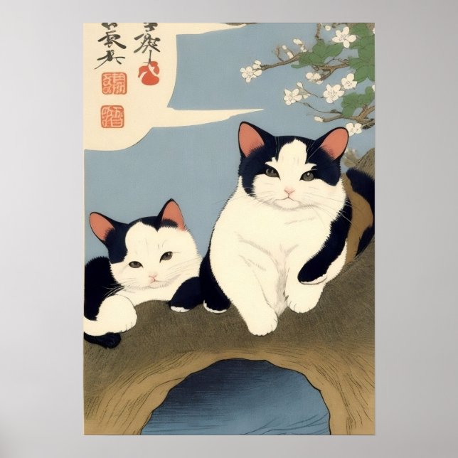 Poster Japanese Cats Blossom Tree Wall Art (Frente)