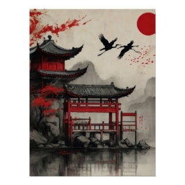 Póster Japanese Crane Pagoda Red Sun Poster Zen Oriental