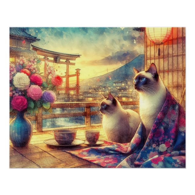 Póster Japanese flower and siamese cat (Frente)