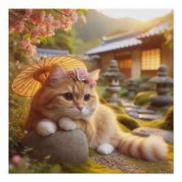 Póster Japanese flowers and orange tabby cat