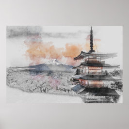 Poster Japanese Pagoda with Mount Fuji – Minimalist 
