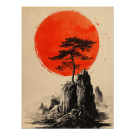 Póster Japanese Pine Tree & Red Sun | Minimalist Zen Art