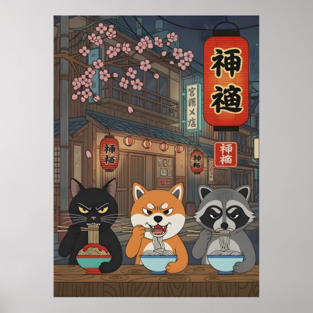 Poster Japanese Ramen cat dog Raccoon Animal Art Noodles (Frente)