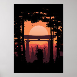 Poster Japanese Samurai In Sunset