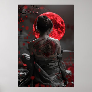 Poster Japanese samurai woman with tattoo under full moon