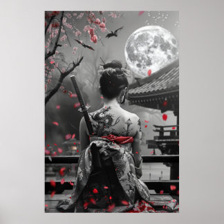 Poster Japanese samurai woman with tattoo under full moon