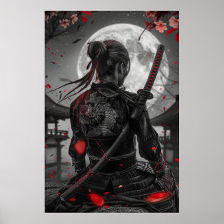 Poster Japanese samurai woman with tattoo under full moon