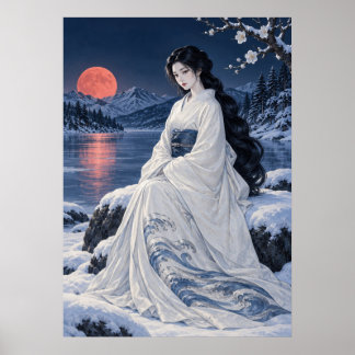 Poster Japanese Snow Woman Art Print – Yuki Onna Red Moon
