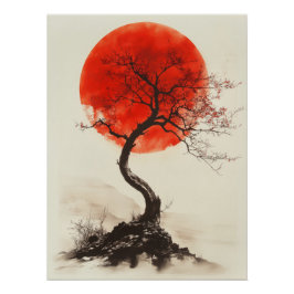 Póster Japanese Sunset Tree - Red Sun Silhouette Art