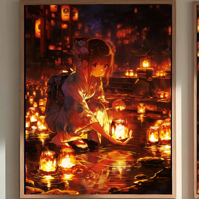 Poster Japanese Yukata Girl, Floating Lanterns (This image shows the product with a frame attached; the frame is not included.)