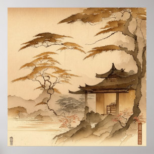 POSTER JAPÃO ART JAPÃO VILLAGE SCENERY WARM BROWN ARM