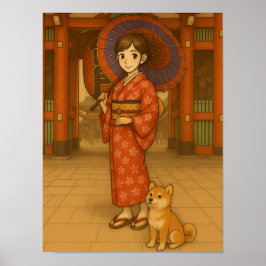 Poster Japão Stroll - Kimono Girl e Shiba dog Art