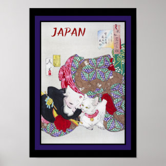 Poster Japão Viagem Vintage Fine Art Cat e Kimono