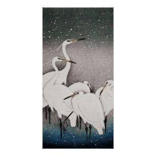 Póster Japonês Egrets Koson Cranes Winter Snow