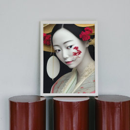 Poster Japonês Floral Geisha Red Dourado Fantasy Art Post