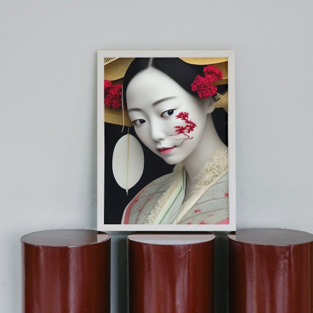 Poster Japonês Floral Geisha Red Dourado Fantasy Art Post (Criador carregado)