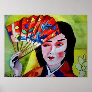 Poster Japonês Geisha com arte original de aquarela