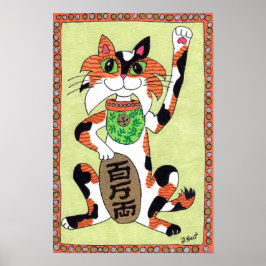 Póster Japonês Lucky Calico Cat Maneki Neko Folk Art