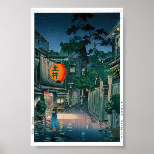 Poster japonês oriental legal Kasamatsu, chuva noturna na