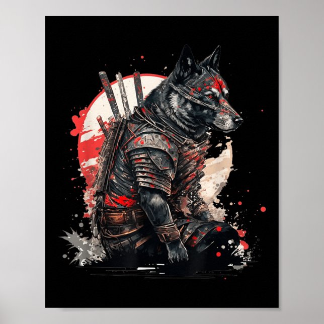 Poster Japonês Samurai Ninja Dog Kawaii Tattoo Graphic (Frente)