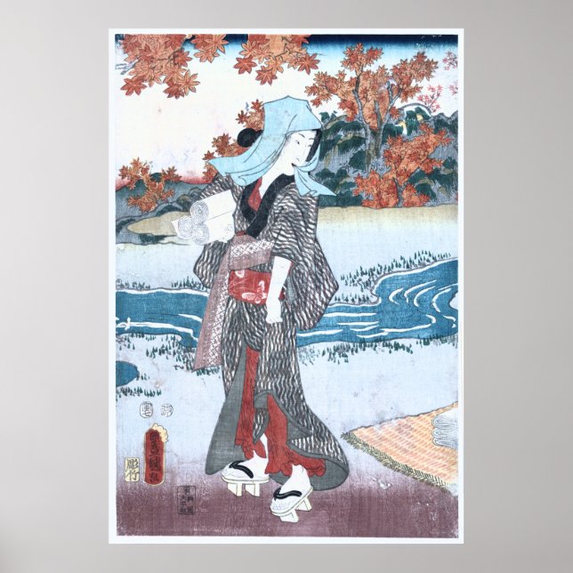 Póster Japonês Ukiyo-e Momiji para Onna por Kunisada (Frente)