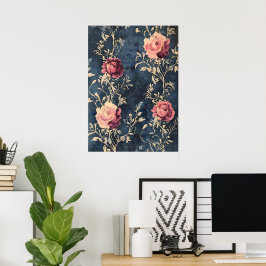 Poster Jardim ao Luar – Rosas Antigas sobre Azul Meia-Noi
