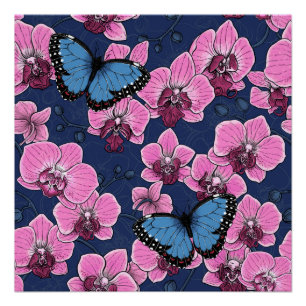 Póster Jardim Botânico de Orquídeas com Borboletas