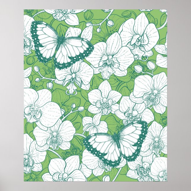 Poster Jardim Botânico de Orquídeas com Borboletas em ver (Frente)