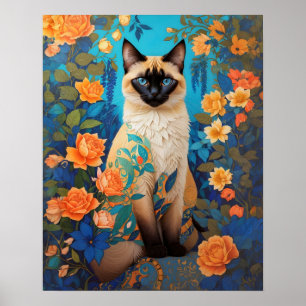 Poster Jardim Botânico Gato de Siamês Azul Colorido