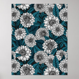 Poster Jardim branco Dahlia/ folhas azuis 2