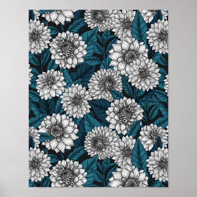 Poster Jardim branco Dahlia/ folhas azuis 2 (Frente)