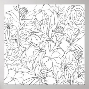 Poster Jardim branco preto de cor floral