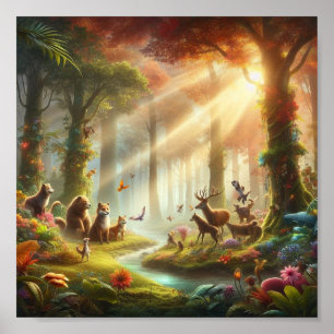 Poster Jardim com animais falantes e flora fantástica.